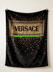 Versace Black Gold Studded Logo Printed Flannel Throw Blanket IMG_1259